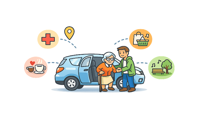 Illustration représentant un service d’accompagnement pour personnes âgées : un intervenant aide une senior à sortir d’un véhicule, symbolisant le transport accompagné. Autour, des icônes évoquent les services proposés : rendez-vous médicaux, courses, sorties au parc, aide au quotidien et moments de convivialité. Image illustrant l’aide à domicile, la mobilité assistée et l’accompagnement humain des seniors.